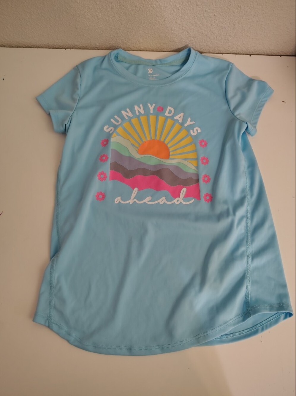 All In Motion Girls Sunny Days Ahead T-Shirt Active Short Sleeve Blue Swim Large
